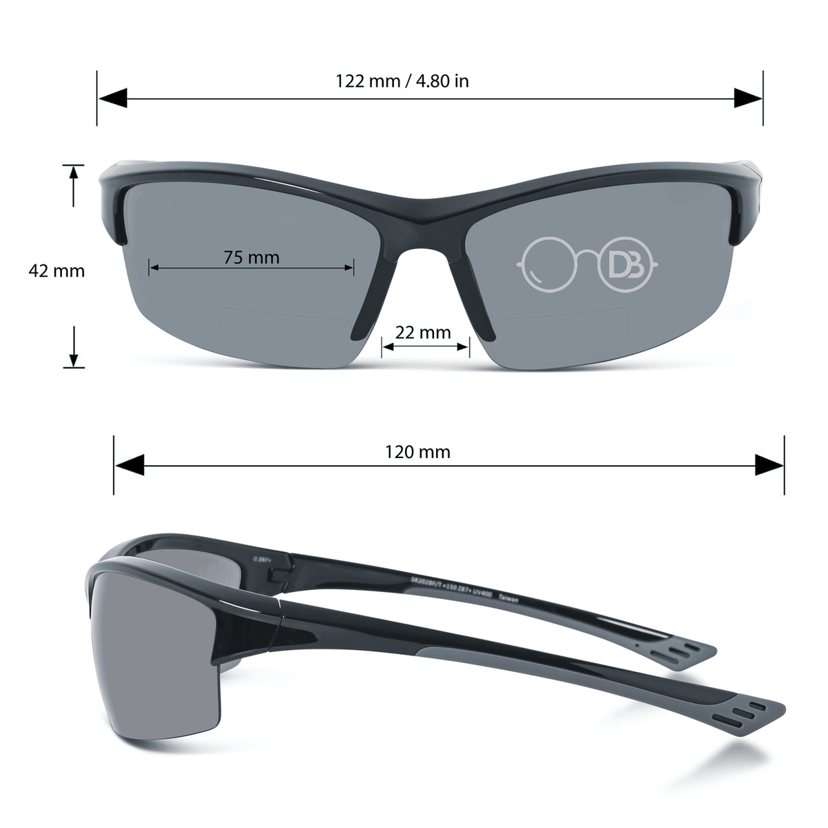 DebSpecs Bifocal safety sun readers Black infographic