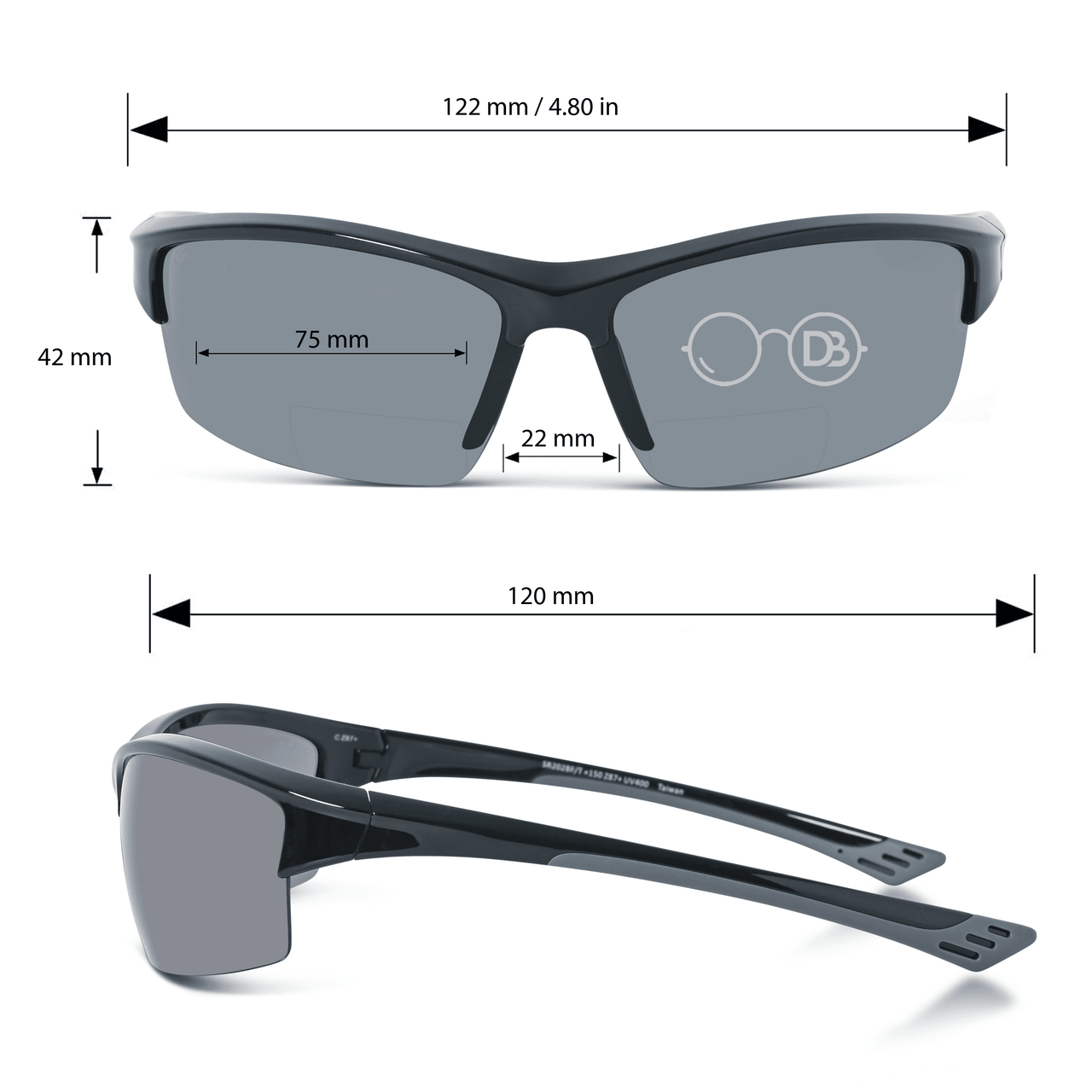DebSpecs Bifocal safety sun readers Black infographic