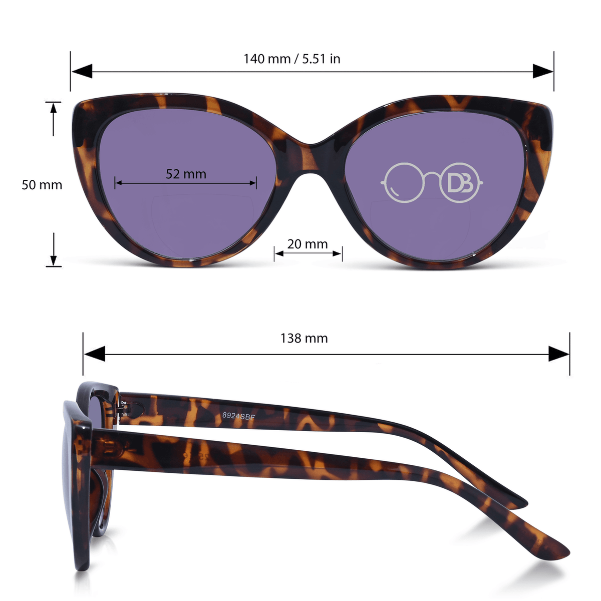 DebSpecs Bifocal sun Brown Tortoise infographic