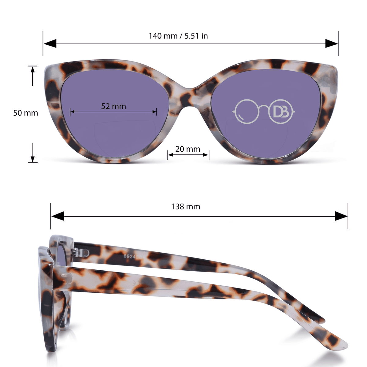 DebSpecs Bifocal sun See through Tortoise infographic