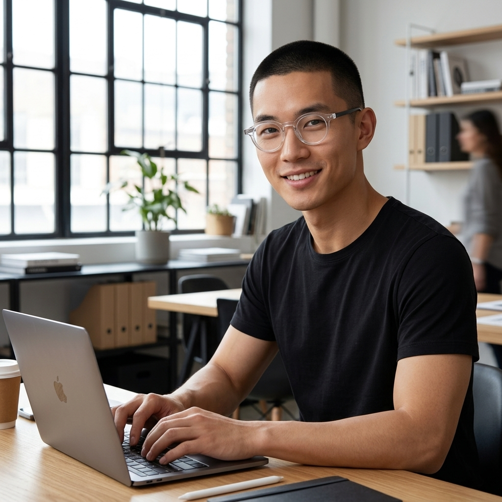 A smiling man with glasses and a black t-shirt sits at a wooden desk in a bright office, typing on a silver laptop.