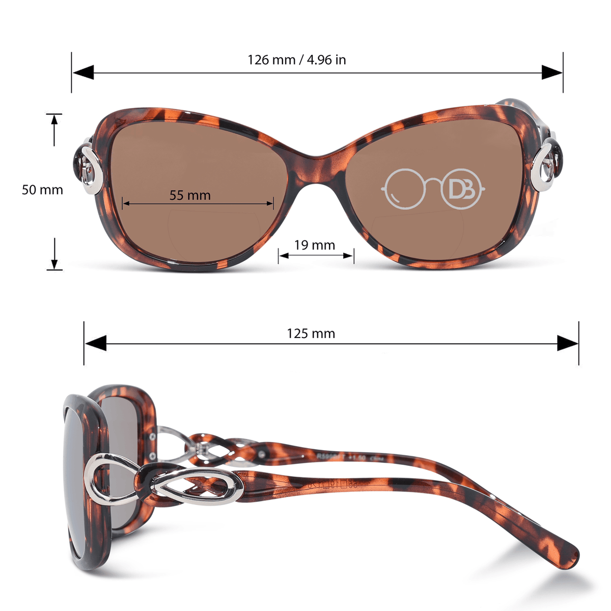 DebSpecs Chic Bifocal Sunglasses Readers oc 599bf Tortoise infographic