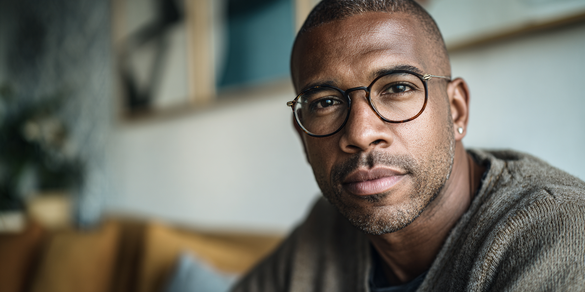 A close-up portrait of an XL man with short dark hair, wearing round black-rimmed eyeglasses and a textured brown knit sweater, looking directly at the camera in a softly lit indoor setting.