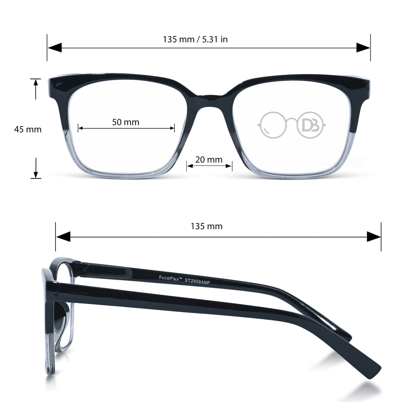 DebSpecs Progressive Multi Focal Rectangle Reader Black and Clear infographic