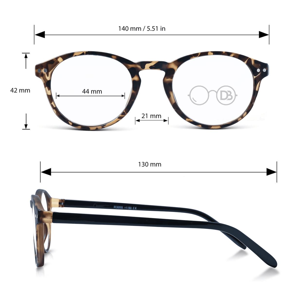 DebSpecs Reading Glasses oc305 Tortoise Black Stem infographic
