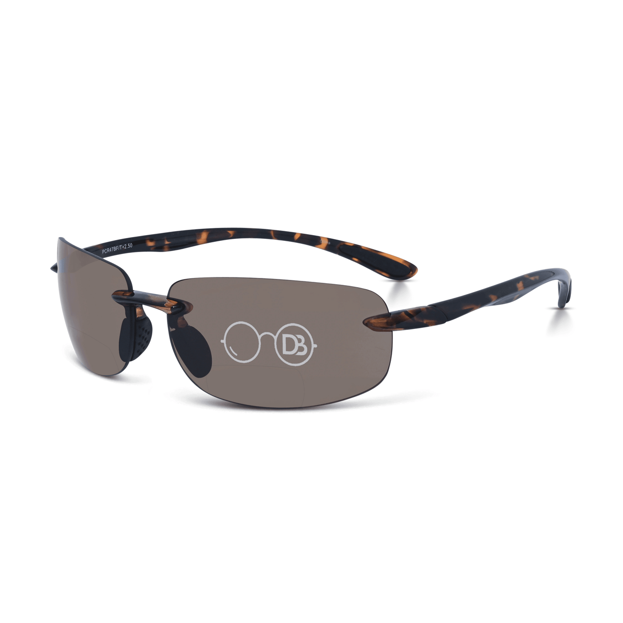 DebSpecs Rimless wrap bifocal sun readers Tortoise with Amber Lens angled view