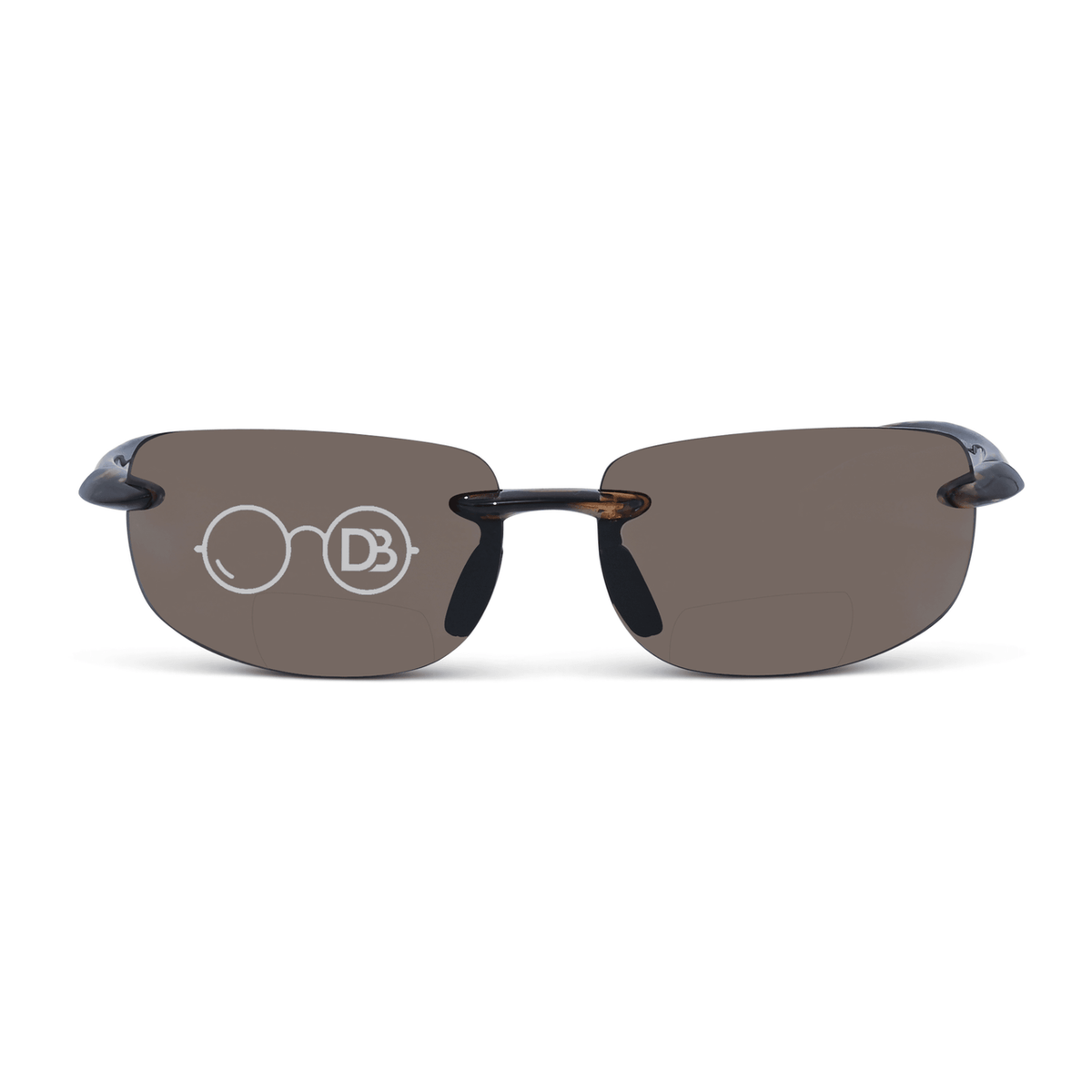 DebSpecs Rimless wrap bifocal sun readers Tortoise with Amber Lens front view