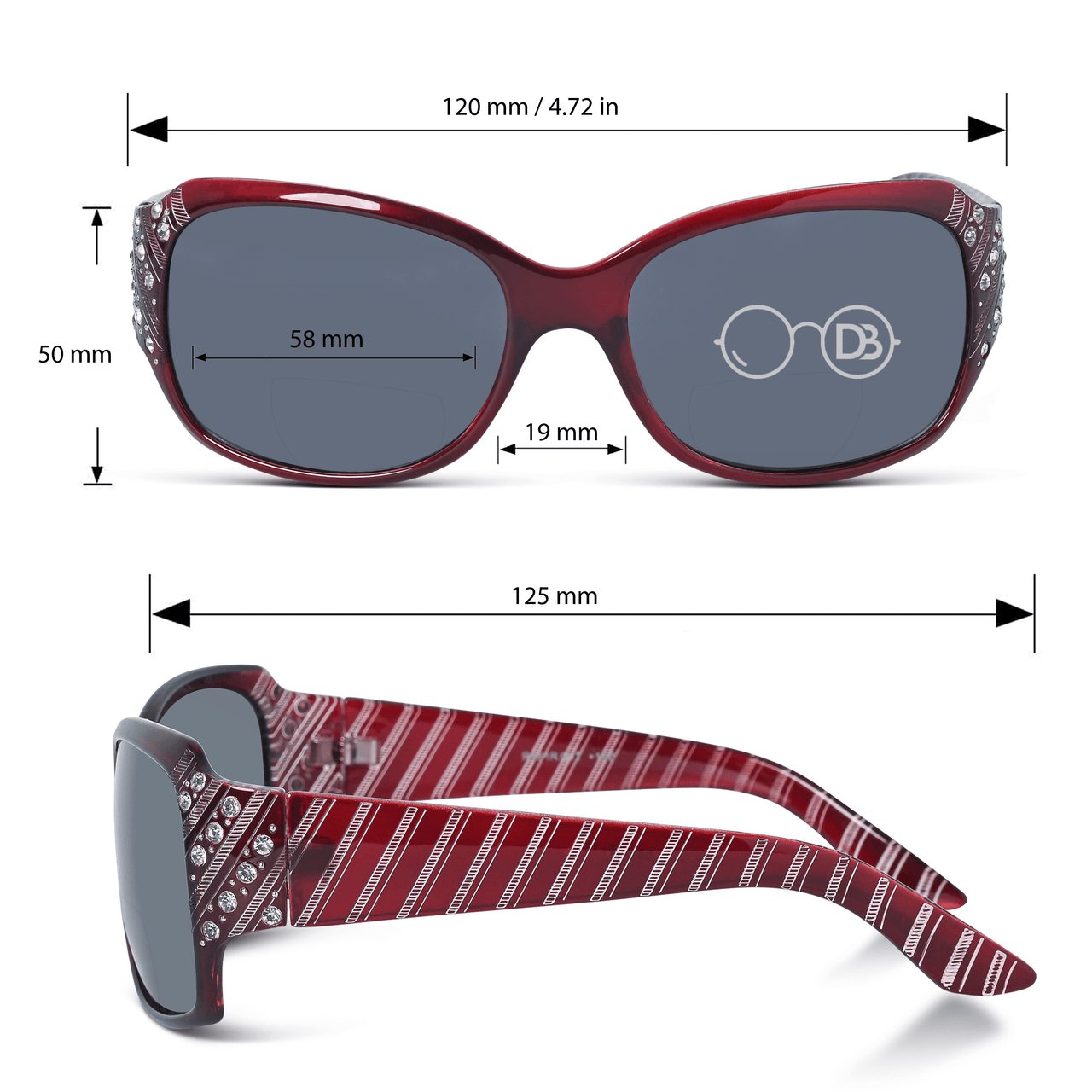 DebSpecs Sparkly Large Round Bifocal Sun Readers oc551rbf Lucious Red infographic