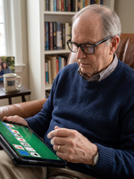 An older man wearing black-rimmed glasses and a navy blue sweater sits in a brown leather armchair, looking down at a tablet device he is holding. The background shows a bookshelf filled with books and a side table with a mug.