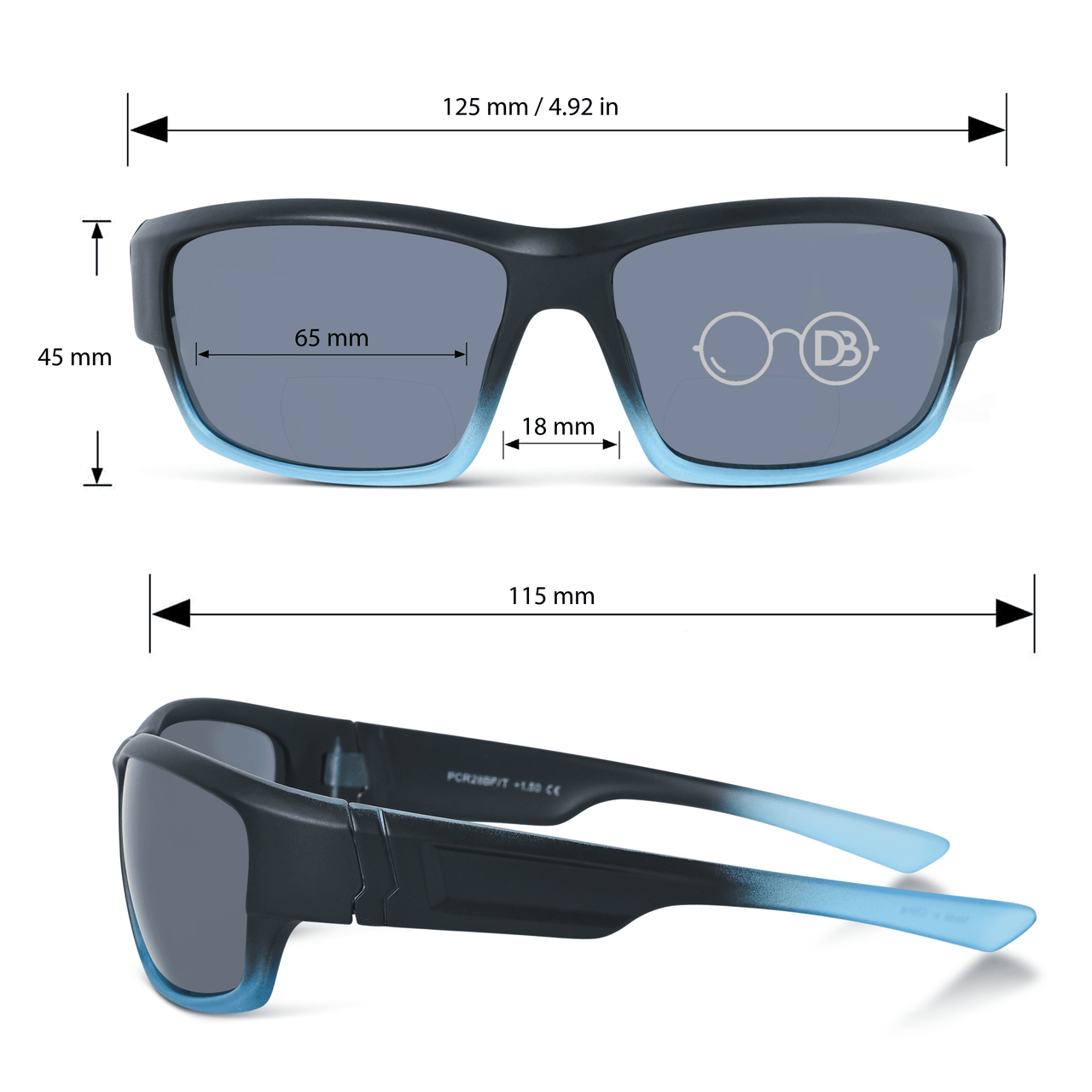 DebSpecs Wrap around Bifocal Reading Sunglasses ocr28bf Black And Blue infographic