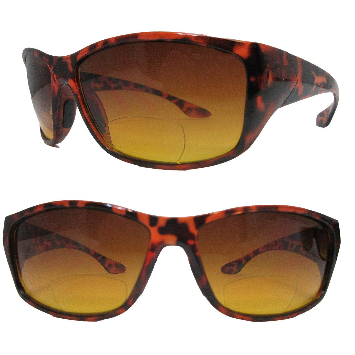anti glare UV bifocal sunglass readers with amber lens and sporty, chunky wrap frame in tortoise brown