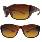 anti glare UV bifocal sunglass readers with amber lens and sporty, chunky wrap frame in tortoise brown