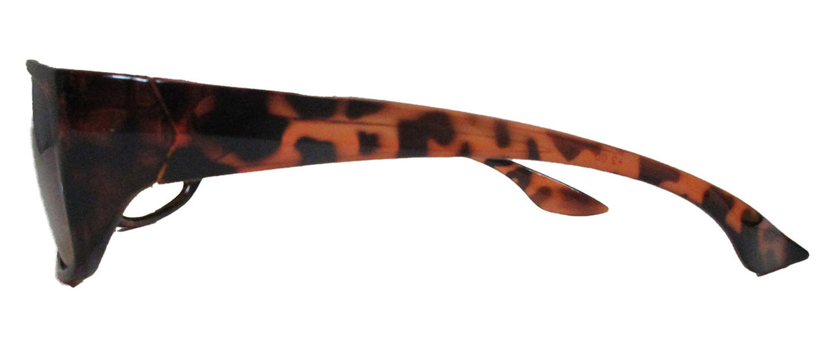 high density anti glare bifocal UV sunglasses, photo depicts side view and shows a thick stem-temple in tortoise brown