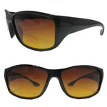 UV Bifocal sunglasses with anti glare high density lens that has a brown-amber tint with a lightweight black sporty style wrap frame