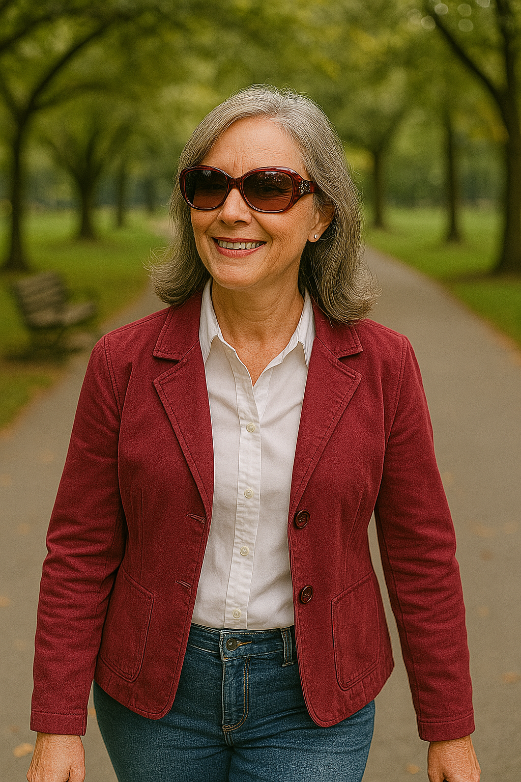 Stylish woman over 50 wearing reading glasses outdoors